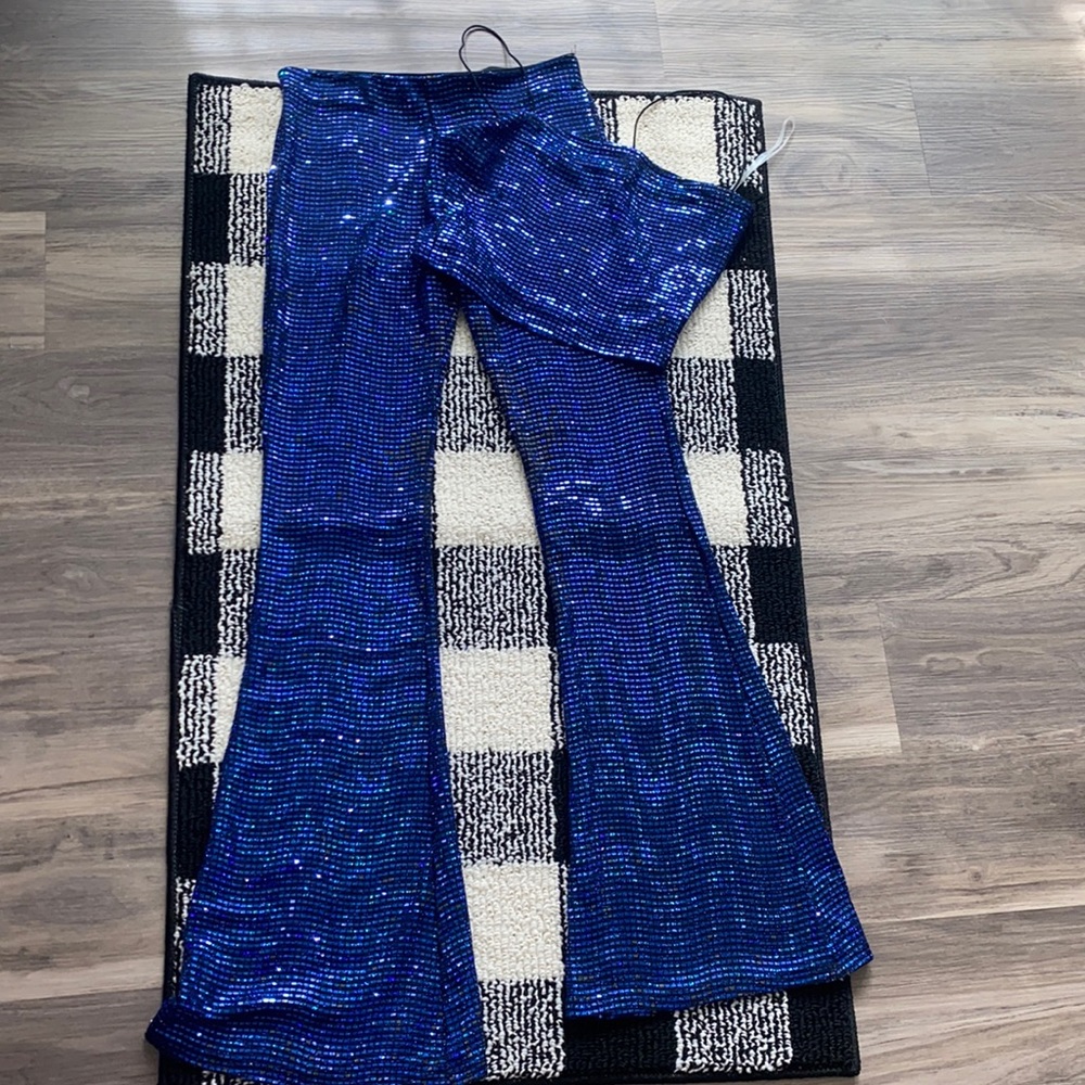 Blue sequin bell bottoms and top set